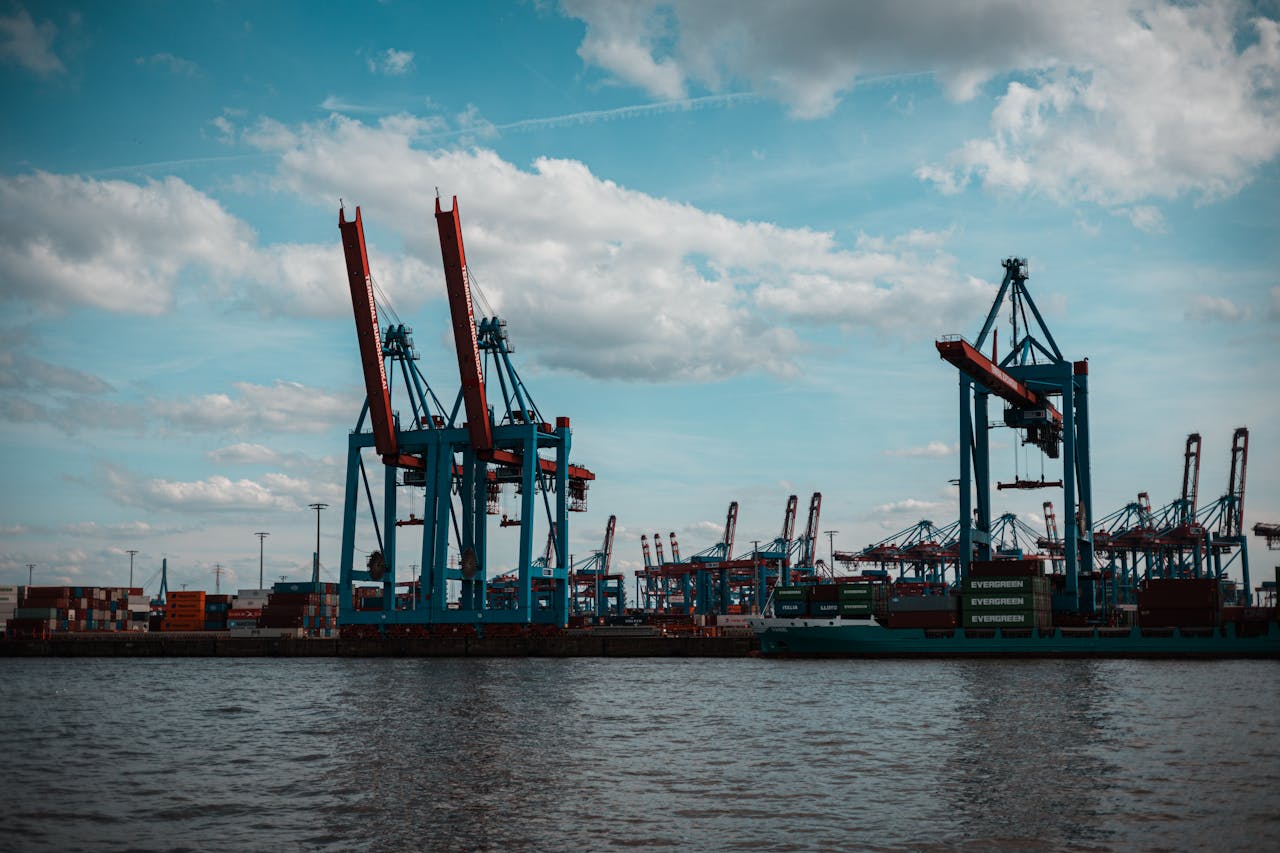Industrial cranes and cargo ships at Hamburg port under a cloudy sky.